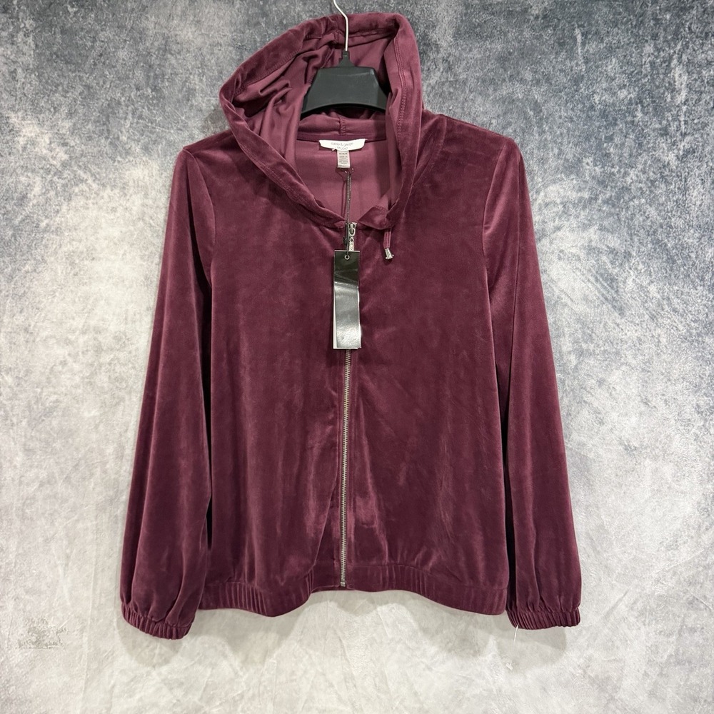 Women's Velour Full Zip Drawstring Sweater Maroon Size M Soft Warm